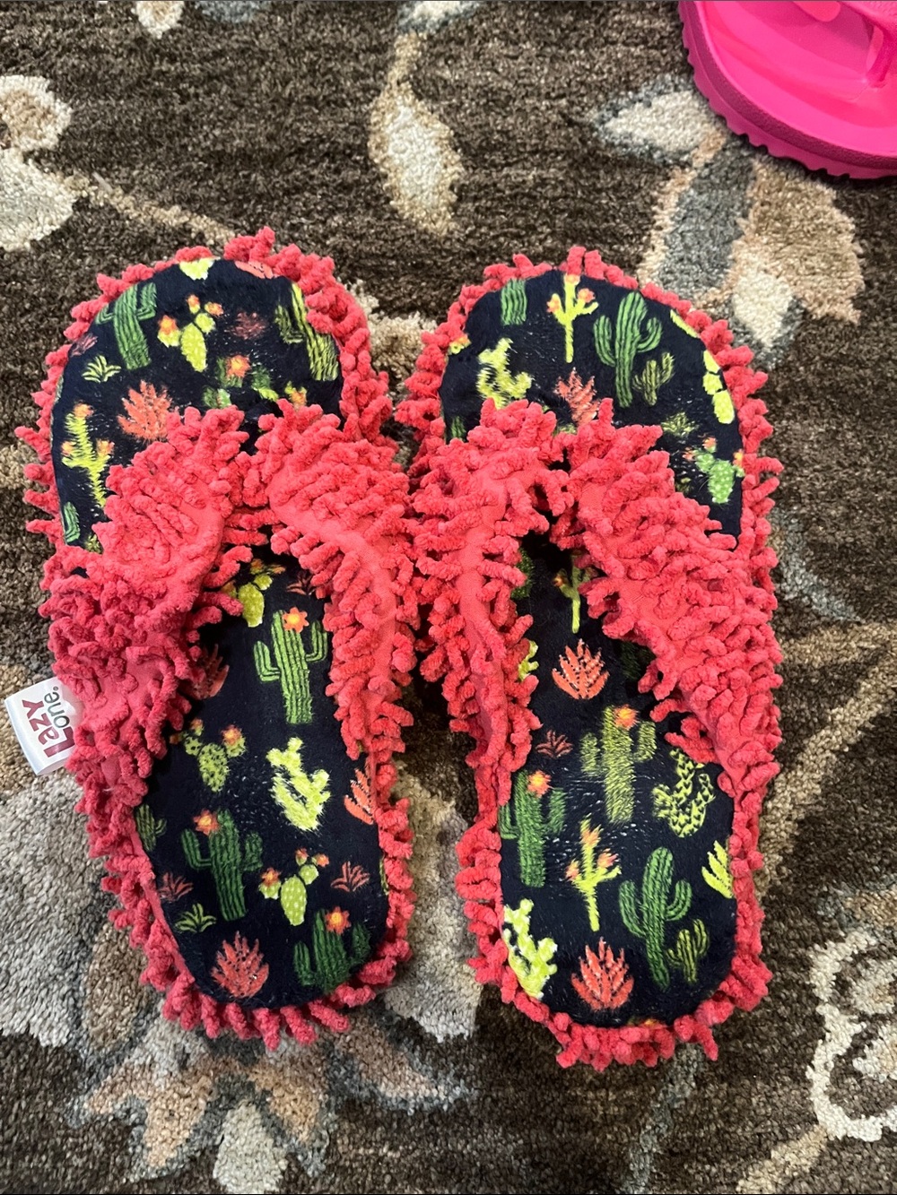 Lazy One Coral Pink Cactus Print Mop Slippers
